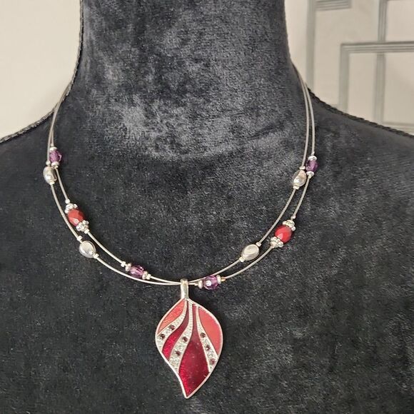 Red & Silver Leaf Pendant Necklace - Picture 1 of 3